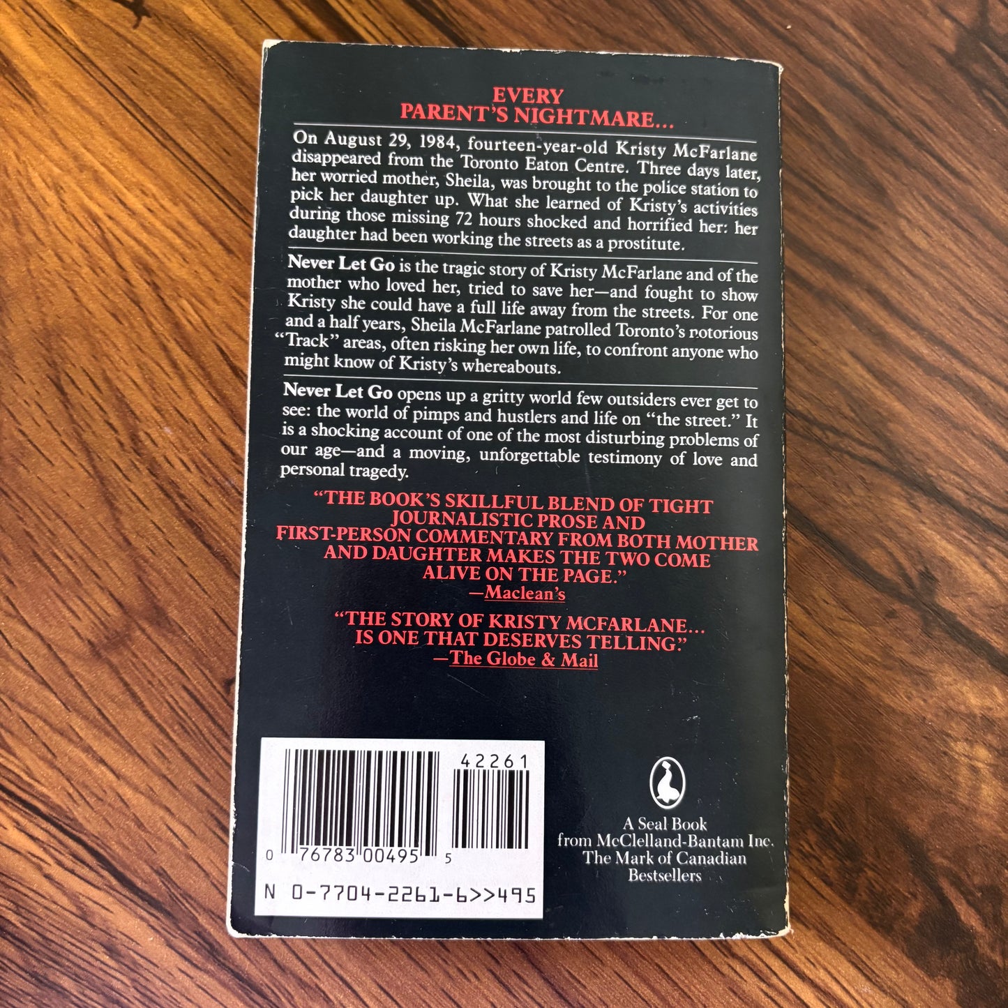 Never Let Go The Story of Kristy McFarlane, Tom MacDonnell 1988 Seal Non-Fiction Paperback
