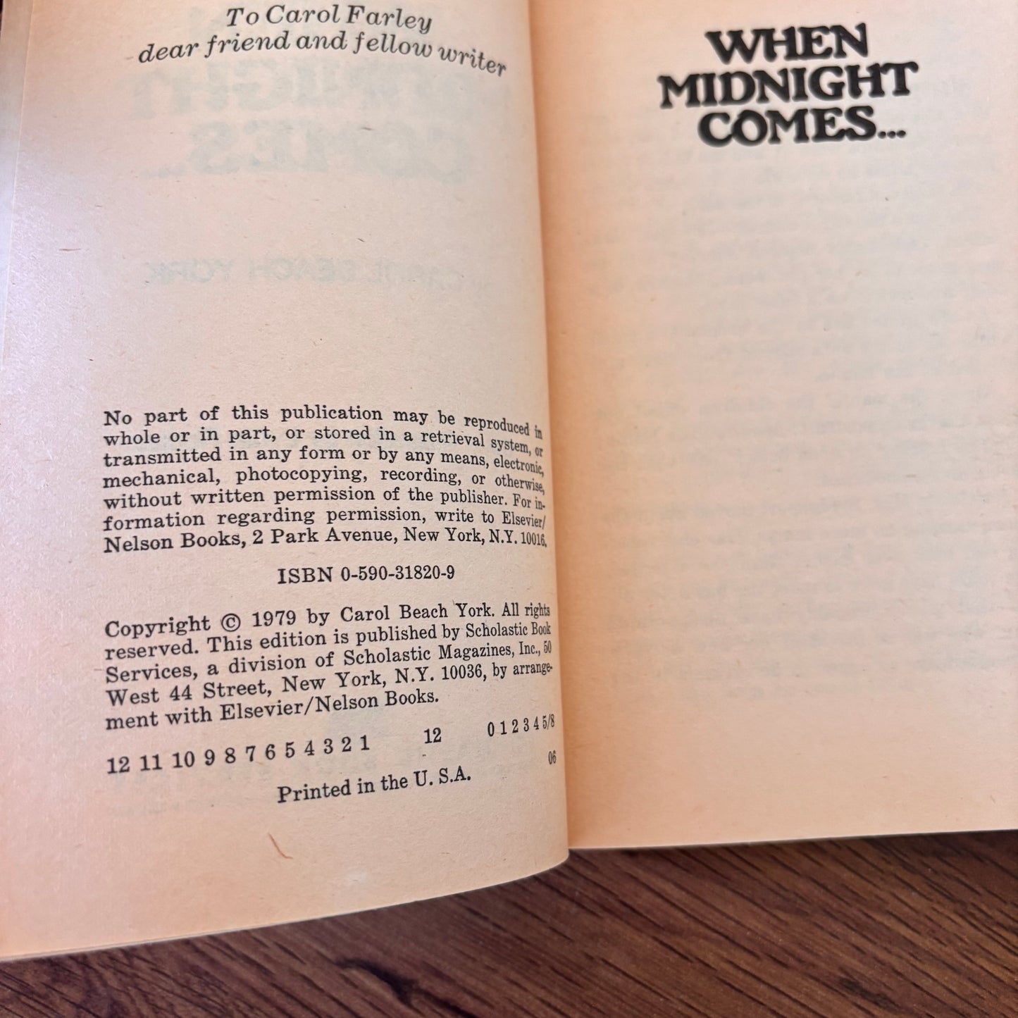 When Midnight Comes Carol Beach York - 1979 Scholastic Book Services Paperback