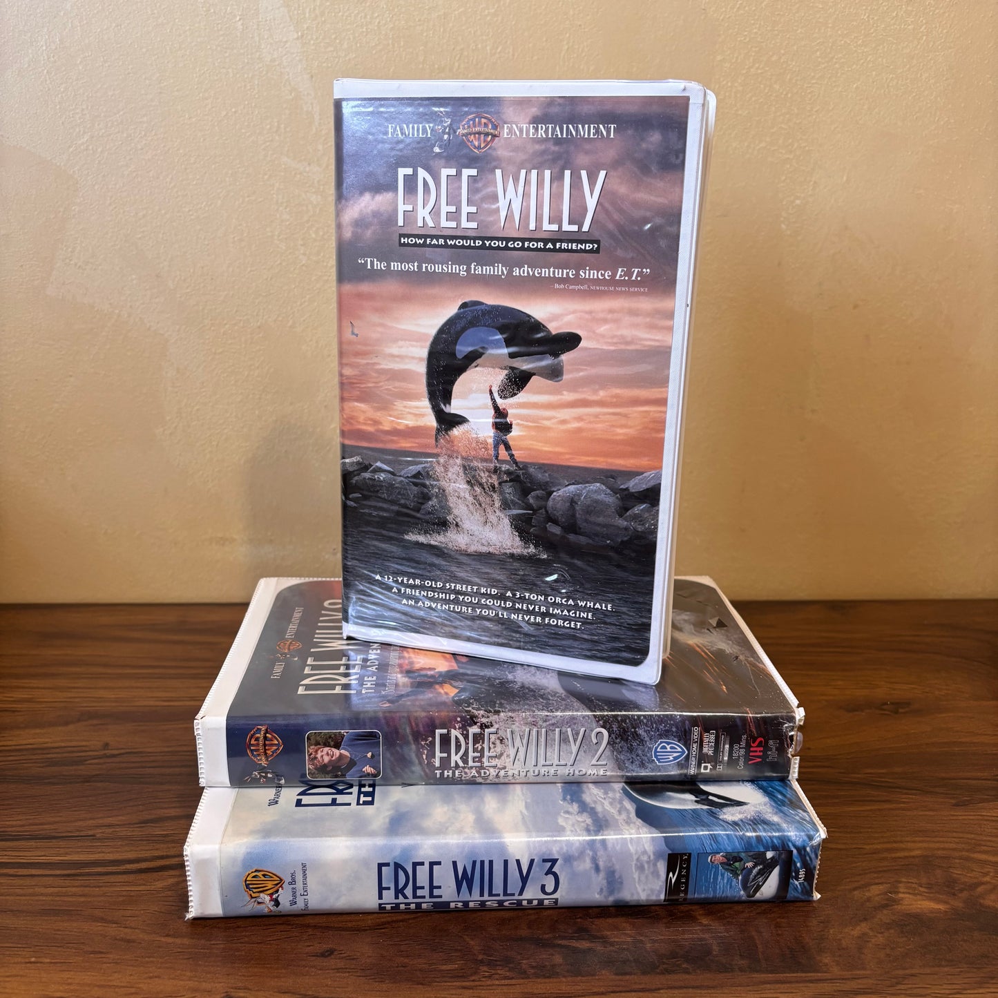 90s VHS tape bundle featuring Free Willy, Free Willy 2: The Adventure Home, and Free Willy 3: The Rescue. Classic family movie trilogy with original clamshell cases and nostalgic 1990s cover art.