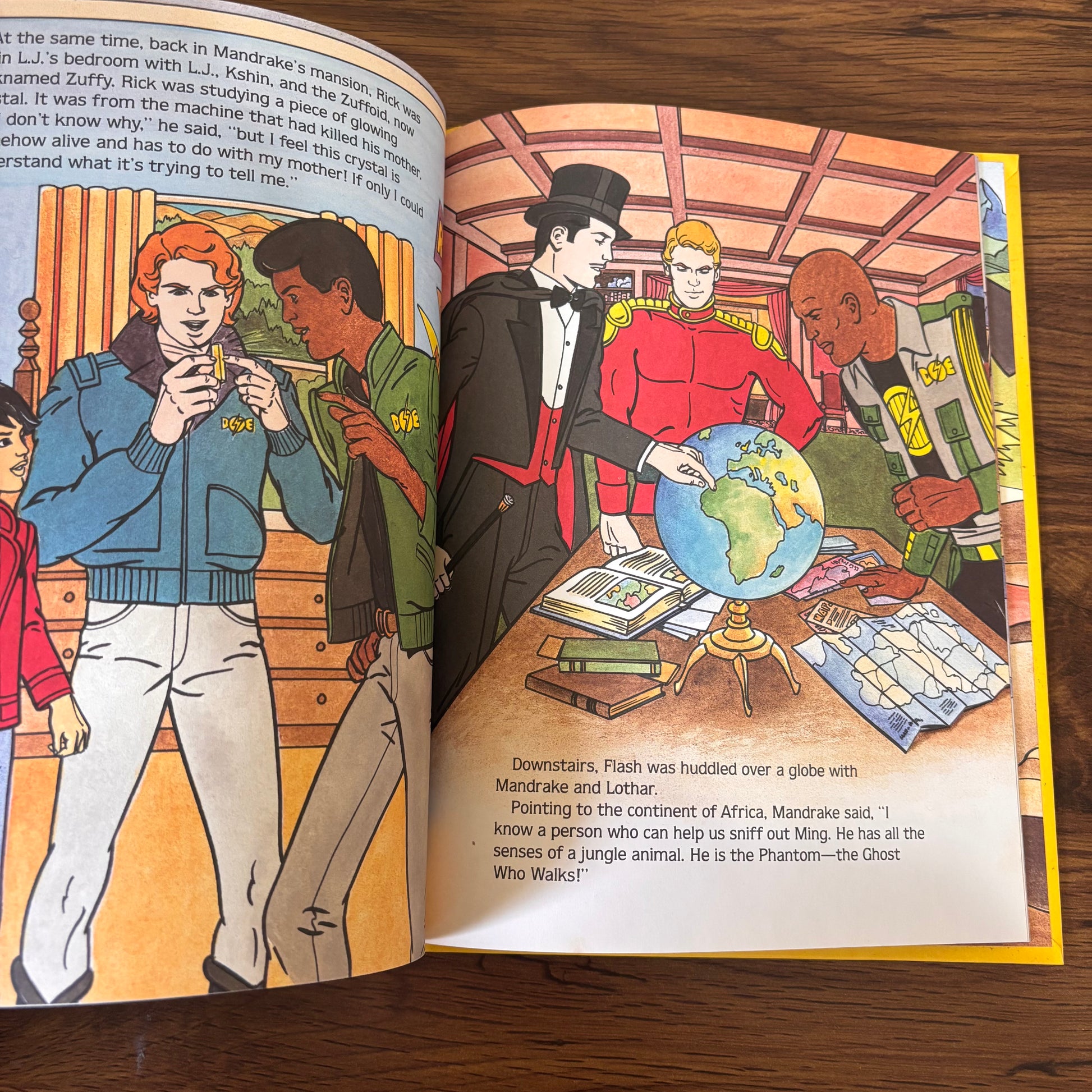 1986 Defenders of the Earth Golden Book titled Ming the Menace by Jim Razzi, a retro kids hardcover with sci-fi villain artwork, superhero team imagery, and vintage publishing details inside.