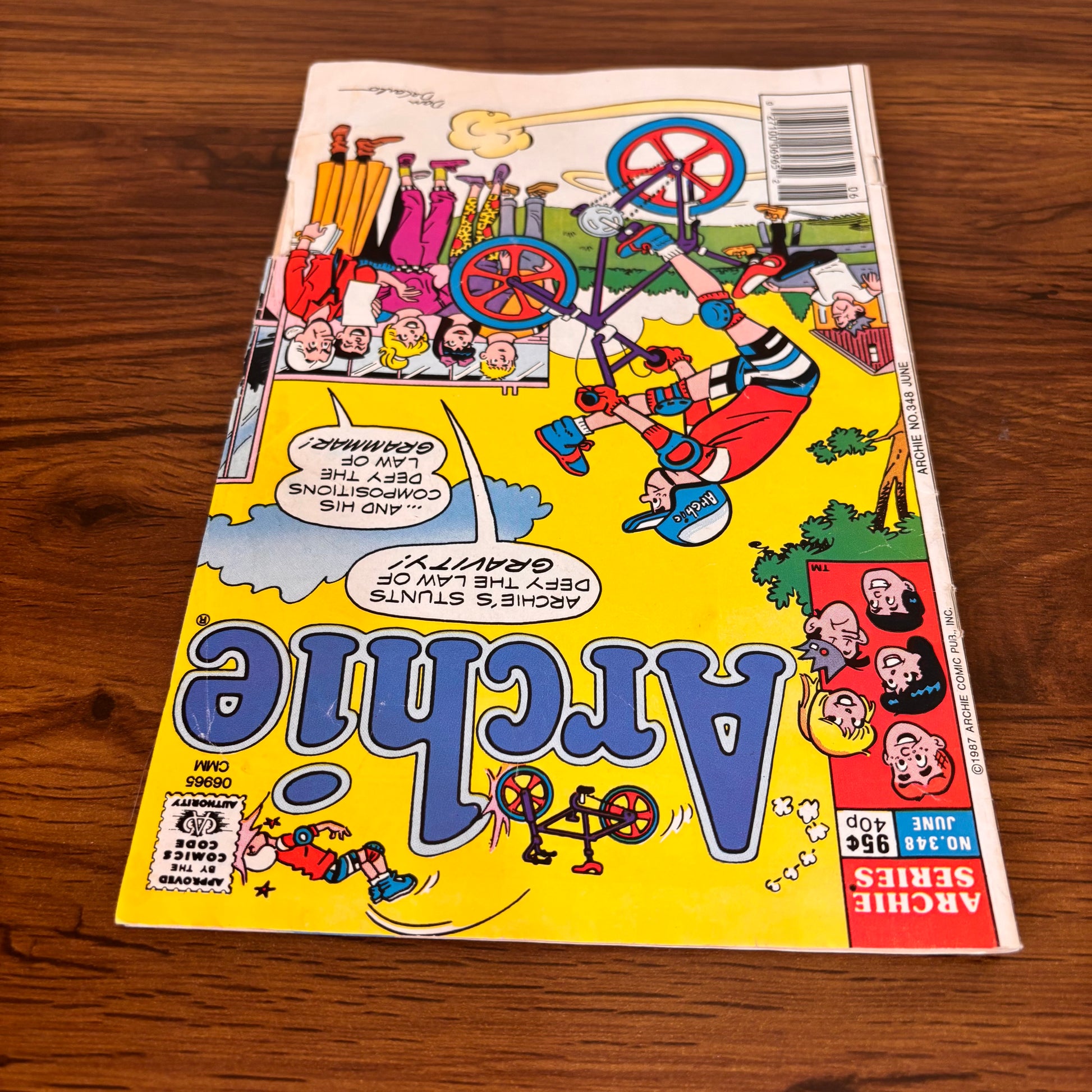 1987 Archie comic with trick bike cover art, a fun vintage issue showing Archie in pads and helmet as he tries to impress a crowd in classic comic-book fashion.