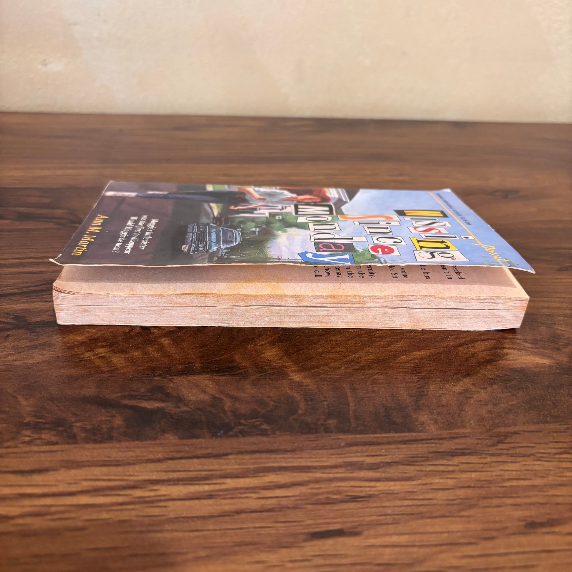 80s teen mystery paperback Missing Since Monday by Ann M. Martin, a nostalgic Scholastic thriller about Maggie caring for her little sister before a shocking disappearance changes everything.
