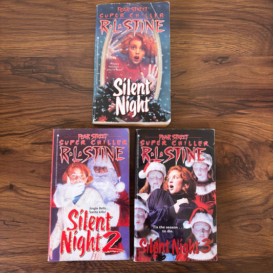 Silent Night 1-3 Super Chillers Set by R.L. Stine – Vintage 90s Archway Paperbacks – Horror Books Featuring Santa Claus and Scared Teen on Covers – Classic Teen Horror Collection – Scary Holiday Stories for Young Adults – Collectible R.L. Stine Series for Nostalgic Readers & Book Collectors