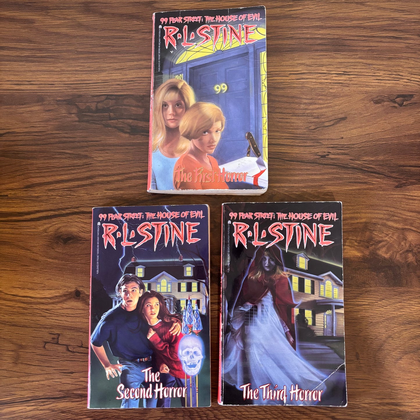 99 Fear Street: The House of Evil Trilogy - The First, Second & Third Horror by R.L. Stine - 1994 paperback editions, a spine-tingling series where terror lurks in the mysterious House of Evil, spanning three chilling stories of supernatural horror!