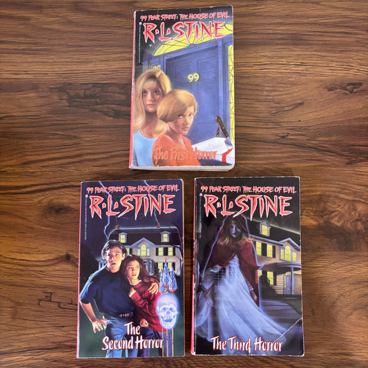 99 Fear Street: The House of Evil Trilogy - The First, Second & Third Horror by R.L. Stine - 1994 paperback editions, a spine-tingling series where terror lurks in the mysterious House of Evil, spanning three chilling stories of supernatural horror!