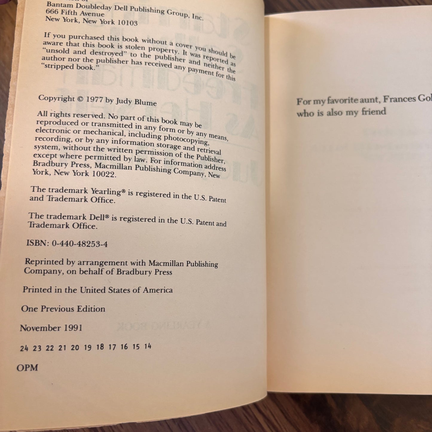 Starring Sally J. Freedman as Herself - Judy Blume 1991 Pink Cover