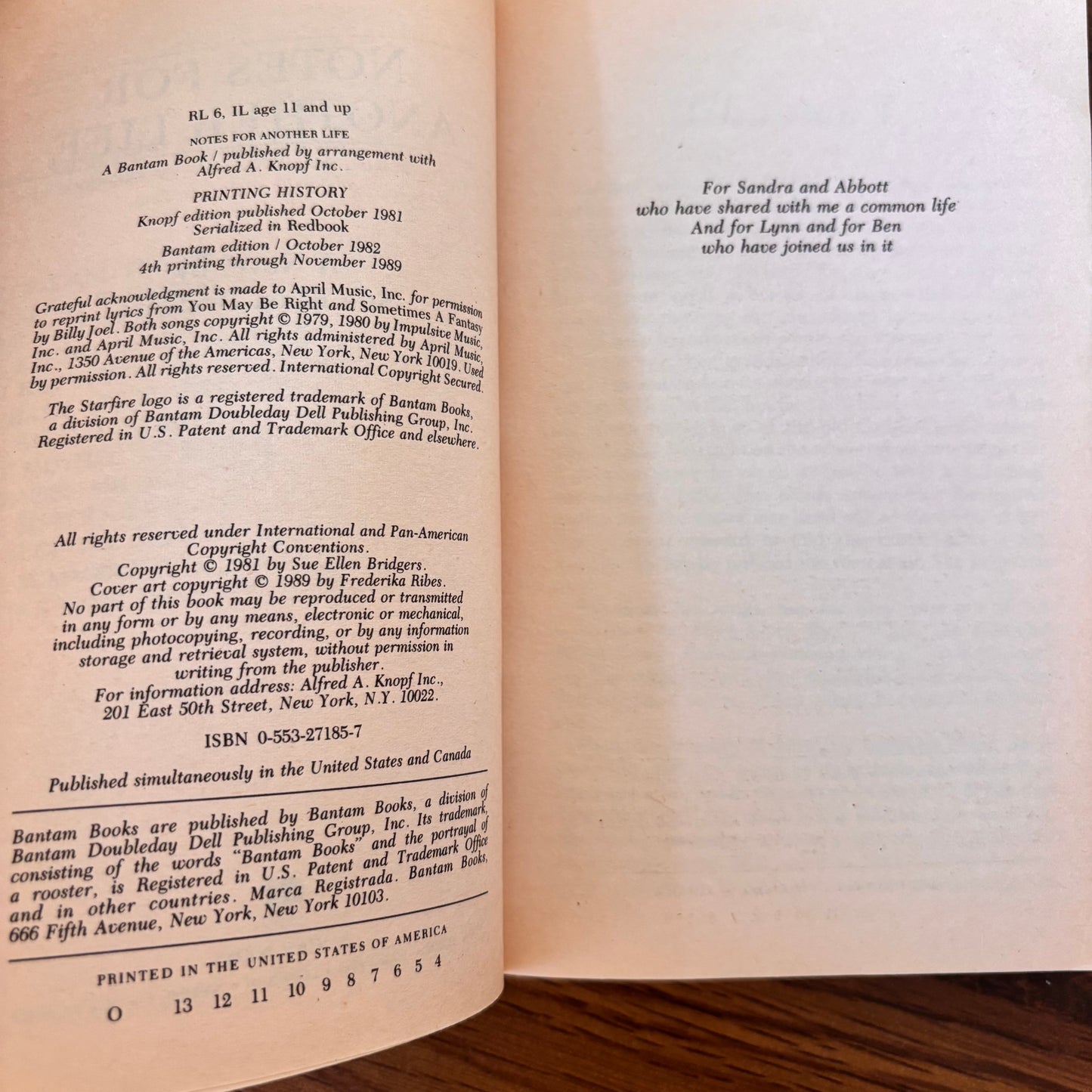 Notes for Another Life by Sue Ellen Bridgers - 1989 Bantam Starfire YA Paperback