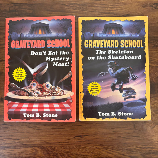 Graveyard School Series by Tom B. Stone - 90s children’s horror paperbacks. A spooky and fun series for young readers who love thrilling ghost stories and supernatural adventures.