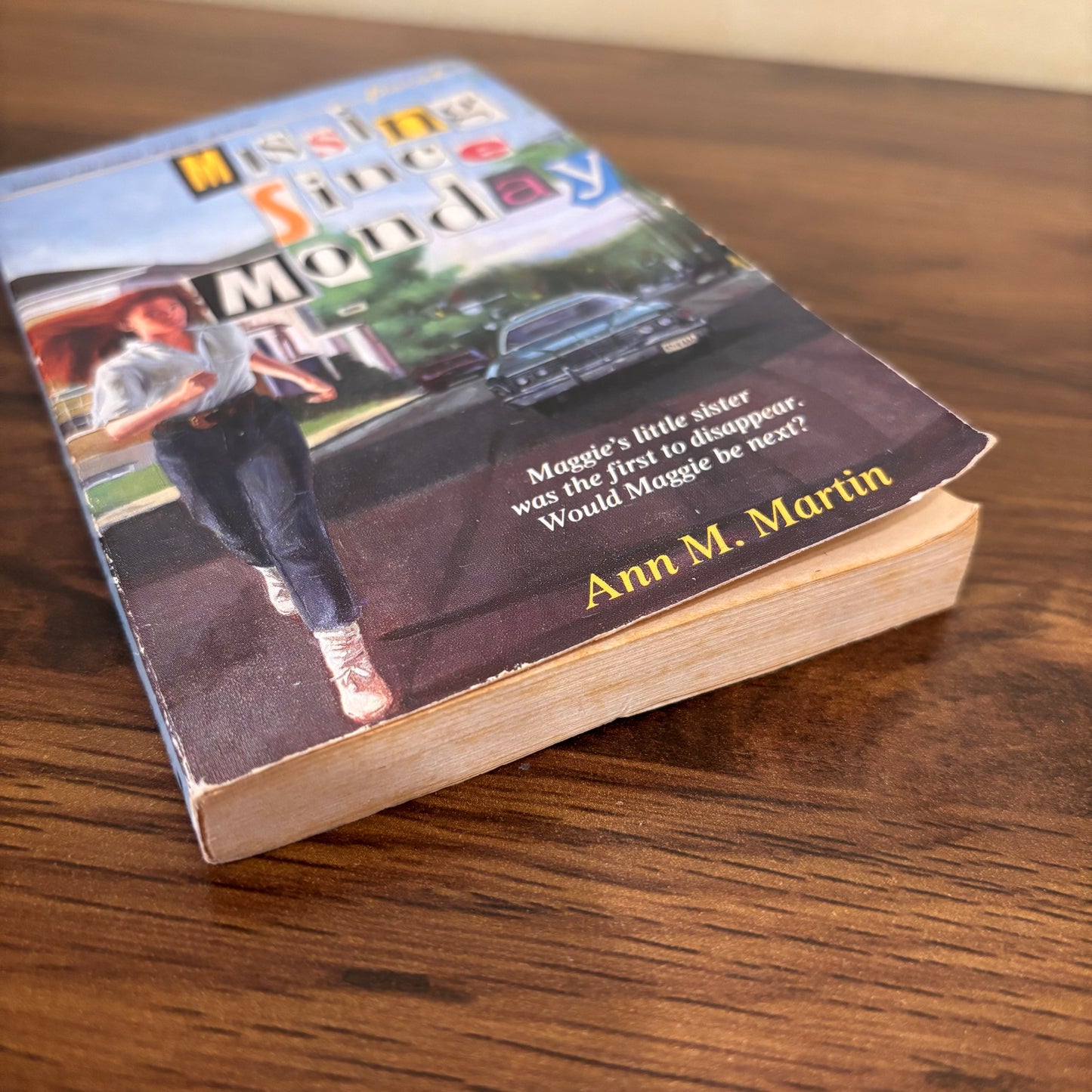 Ann M. Martin vintage Point fiction book Missing Since Monday, a retro Scholastic paperback about family fear, a missing sister, and a suspenseful search with 80s young adult mystery vibes.