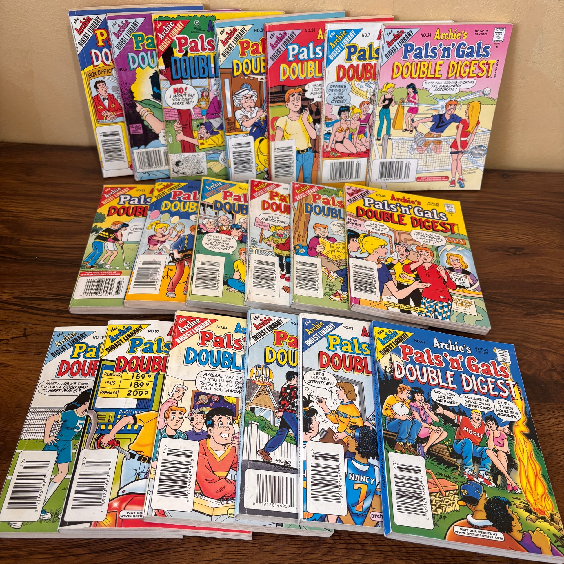 Vintage Archie Pals and Gals Double Digest comic books featuring classic Archie Comics characters, colorful retro cover art, nostalgic teen humor stories from the 80s and 90s.