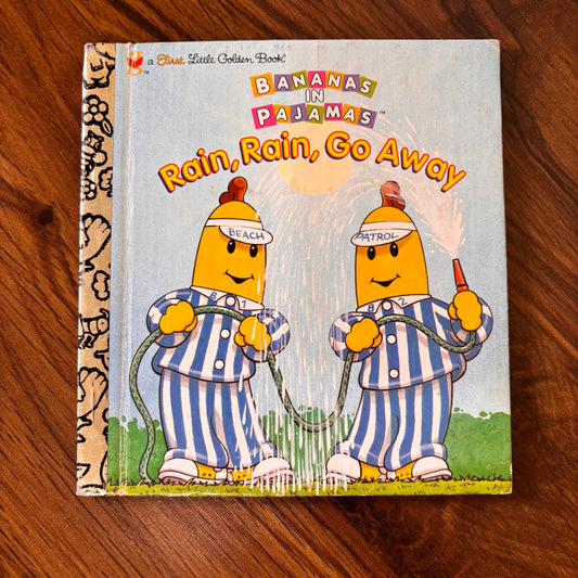 Bananas in Pajamas: Rain, Rain, Go Away by Margo Lundell - 1997 miniature Little Golden Book with bright illustrations and cozy 90s rainy day vibes