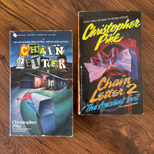 Christopher Pike Chain Letter (1986) and Chain Letter 2: The Ancient Evil (1992). Vintage YA horror paperbacks from the 80s and 90s, original Laurel-Leaf editions. Classic teen thriller novels filled with blackmail, suspense, and supernatural revenge. Ships from Canada, Canadian seller.