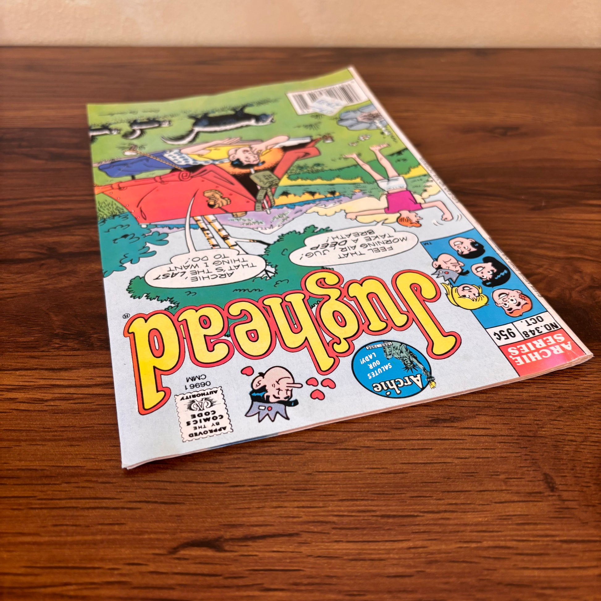 Classic Archie humor comic Jughead issue 348, a retro collectible with colorful campsite cover art, funny dialogue, and familiar Riverdale character comedy.