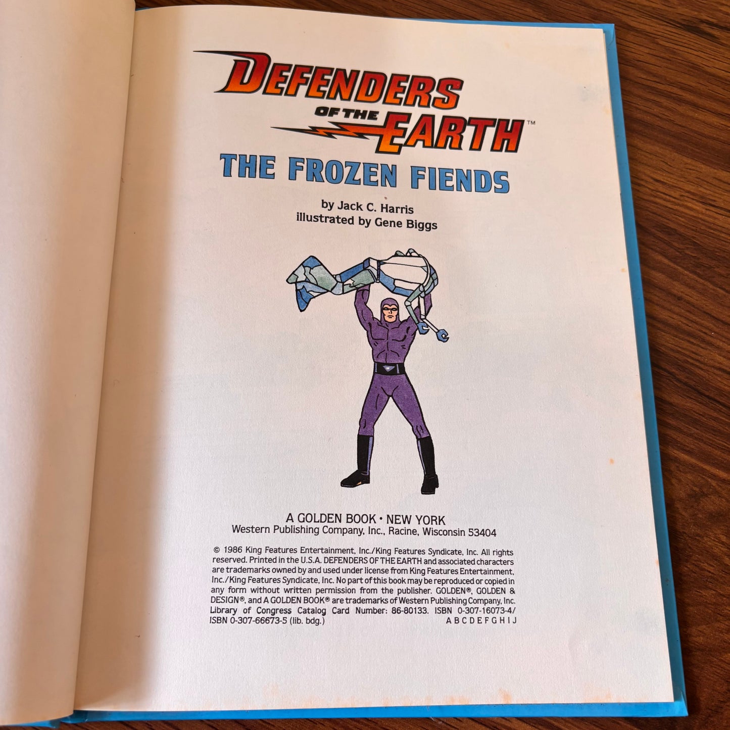 Defenders of the Earth The Frozen Fiends 1986 Golden Book hardcover by Jack C. Harris, a vintage kids adventure book tied to the classic 80s animated superhero series.