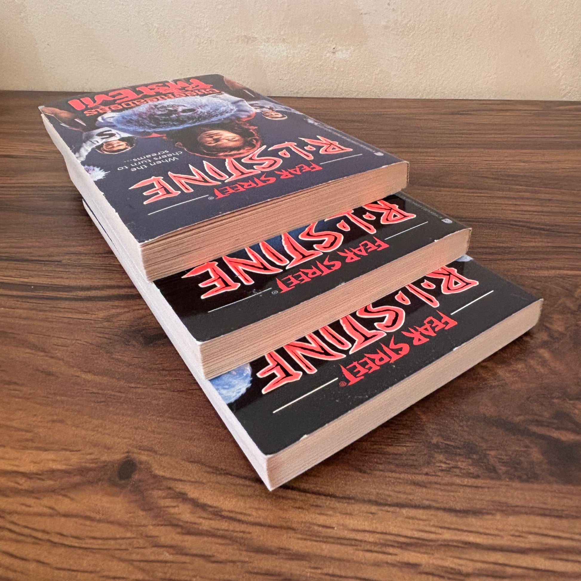 Fear Street Cheerleaders trilogy vintage teen horror book set by R.L. Stine, including all three Evil titles with classic retro paperback cover art from the popular 90s YA thriller series.