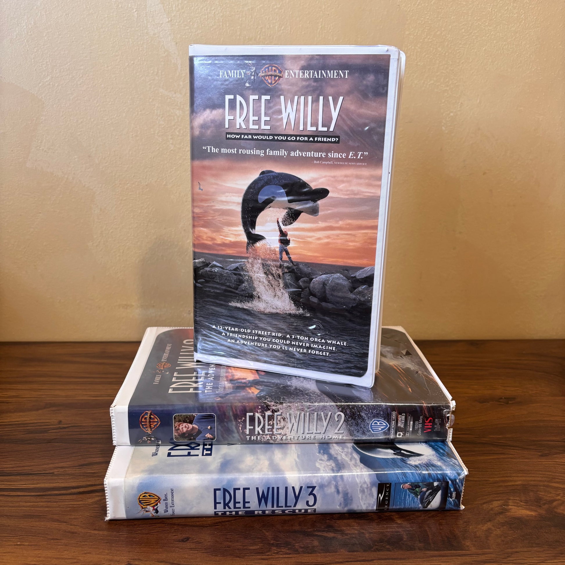 90s VHS tape bundle featuring Free Willy, Free Willy 2: The Adventure Home, and Free Willy 3: The Rescue. Classic family movie trilogy with original clamshell cases and nostalgic 1990s cover art.