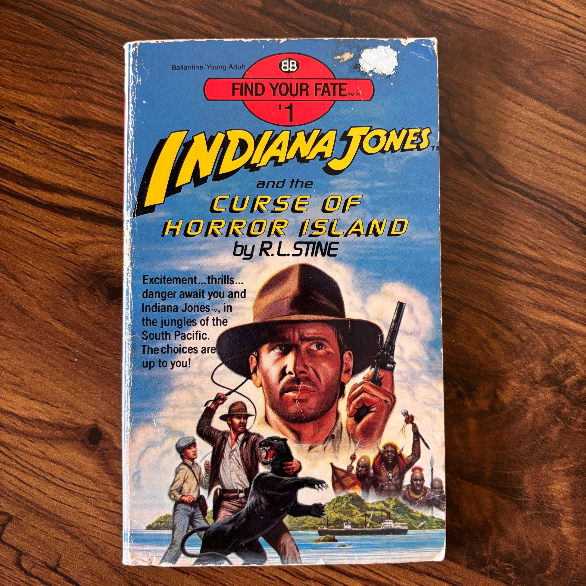 1985 flat cover of Indiana Jones and the Curse of Horror Island by R.L. Stine - Action-packed pulp adventure from the peak of paperback thrills!