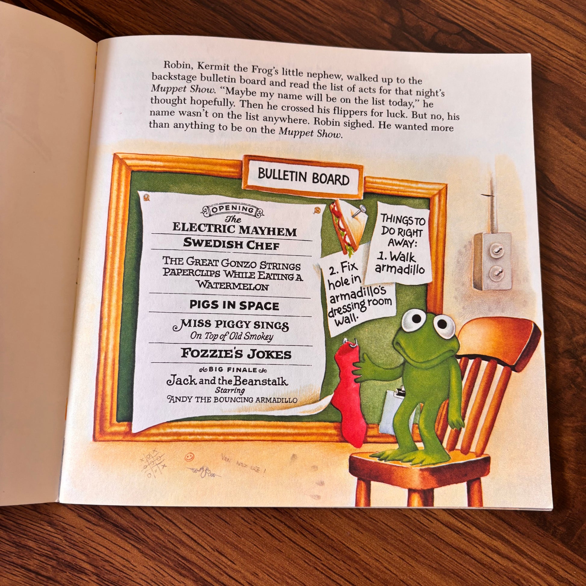 Jim Henson’s Muppets Two for the Show vintage children’s book with Kermit, Fozzie, and a large fuzzy monster-style character on the cover, a nostalgic 1980s Muppet Press softcover.