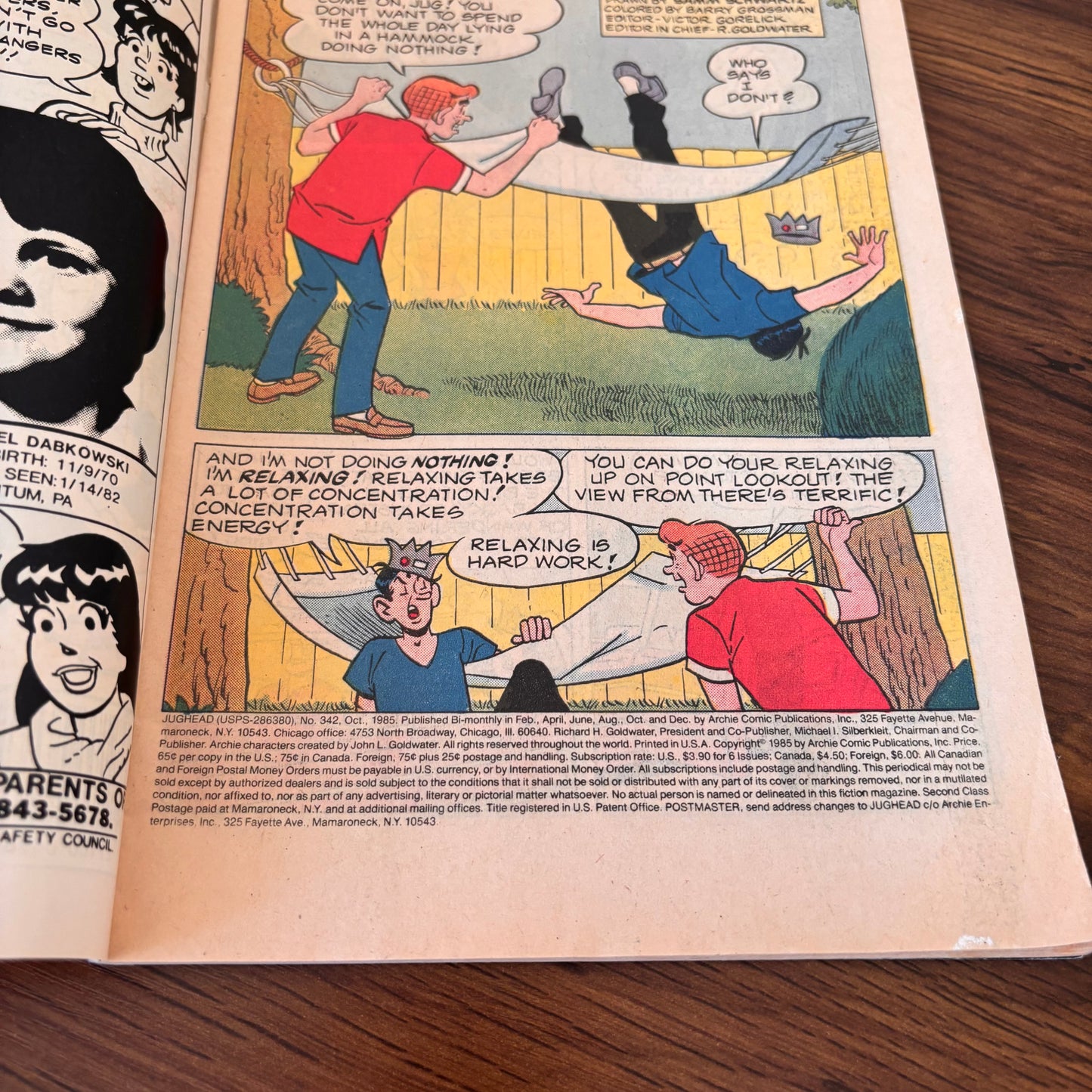 Vintage Jughead no. 342 Archie Comics comic book with beach cover art, featuring Jughead, Archie, and Betty in a funny seaside scene with classic retro humor comic appeal.