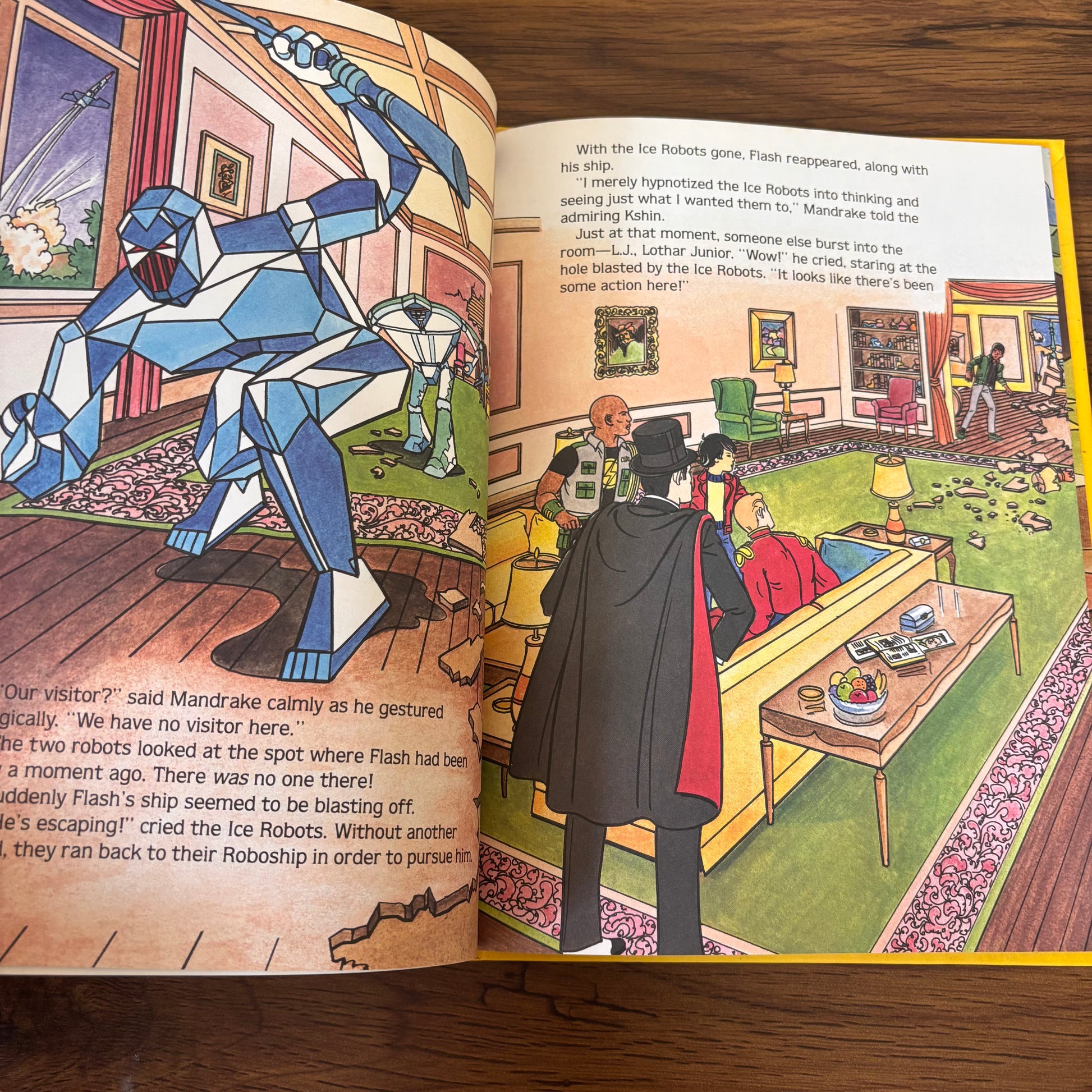 Ming the Menace from Defenders of the Earth, a vintage hardcover Golden Book featuring a futuristic control room cover scene, retro 80s cartoon action, and inside story title page.