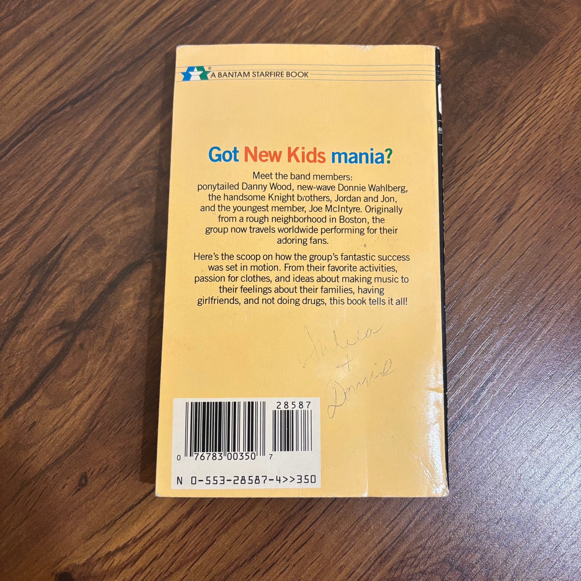 vintage 90s boy band paperback book with New Kids on the Block cover photo, a retro pop music collectible for fans of nostalgic teen books and music memorabilia.