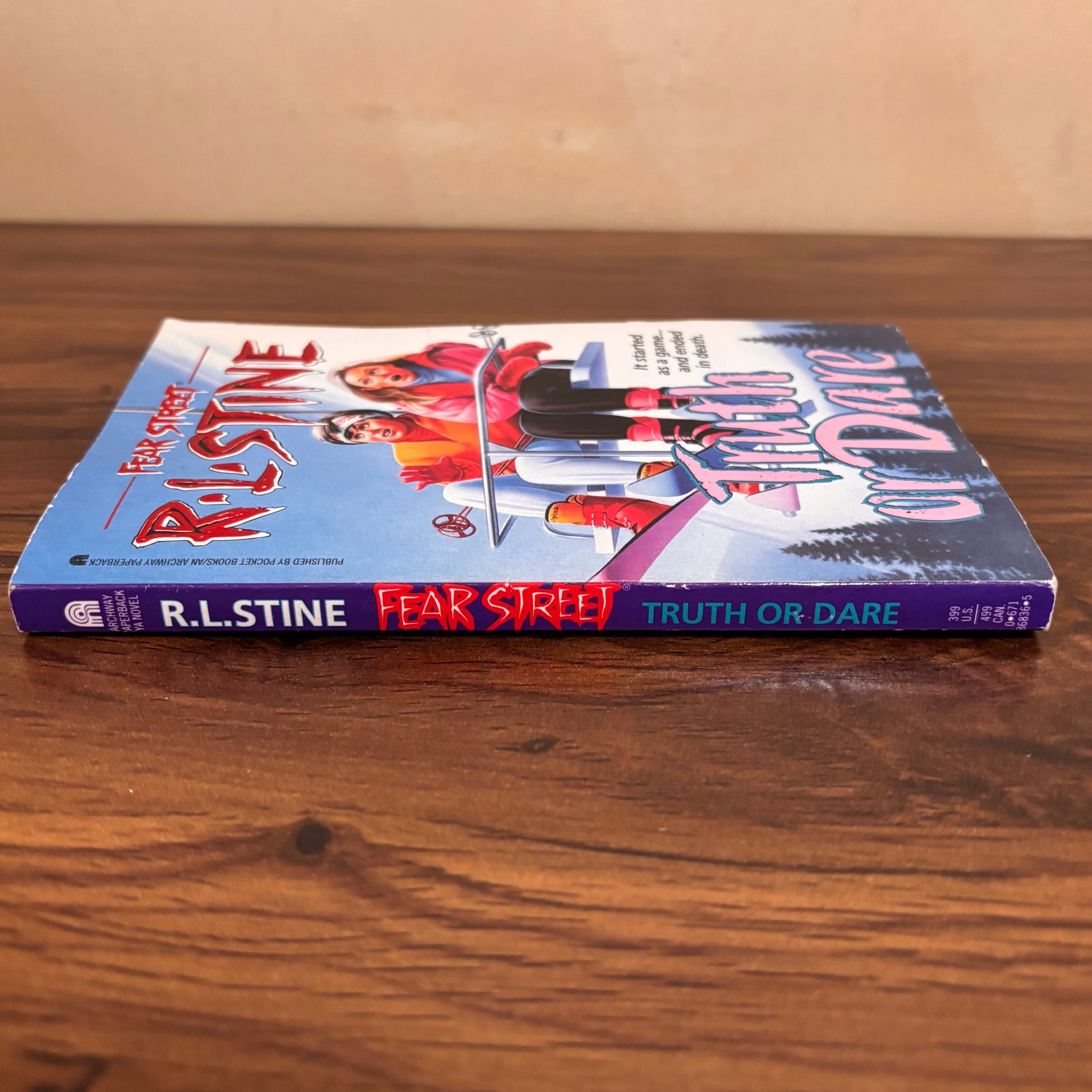 Old Fear Street book Truth or Dare with snowstorm ski lift cover artwork, a collectible R.L. Stine paperback for fans of retro teen horror and winter suspense stories.