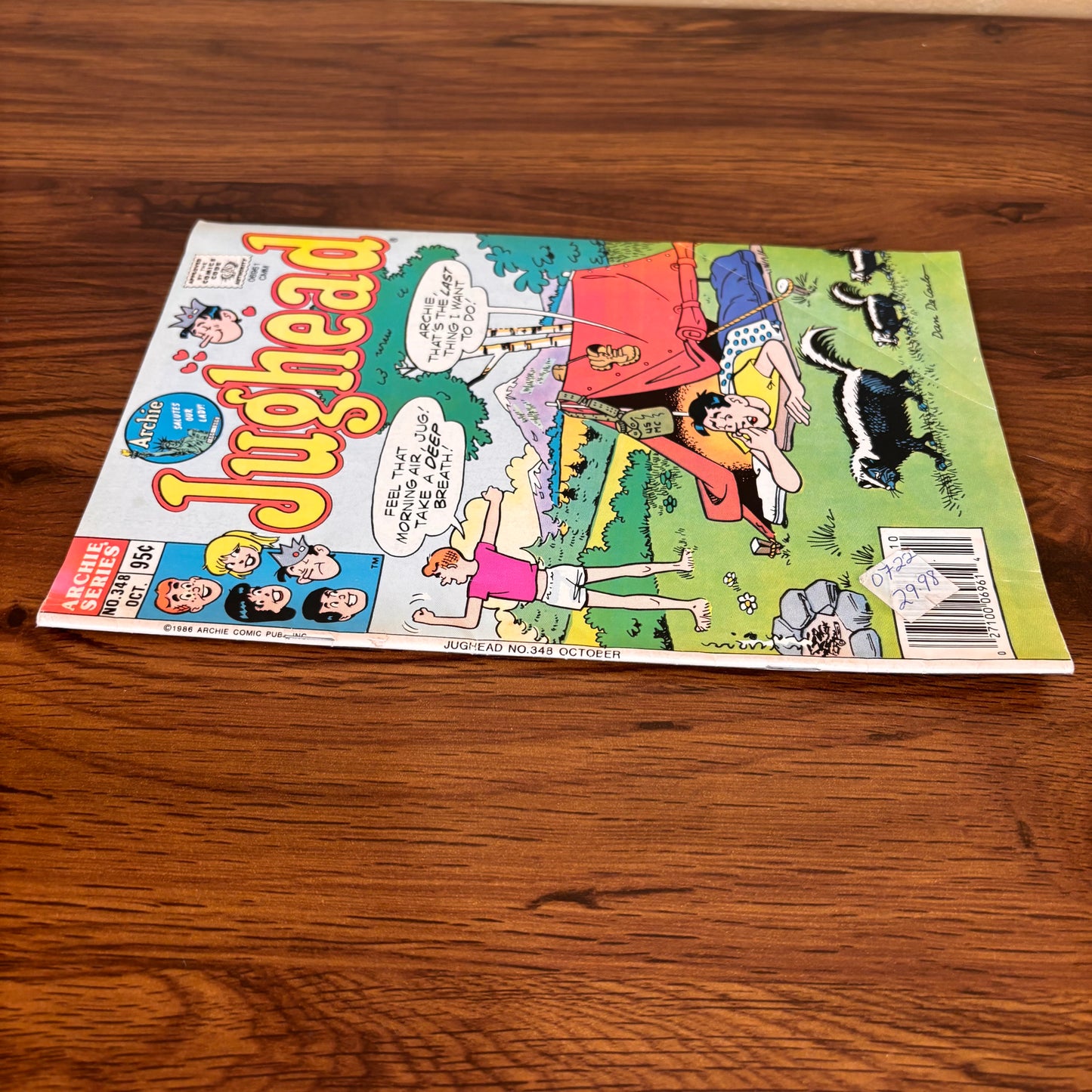Old Jughead comic with skunks walking through a campsite on the cover, a funny vintage Archie Comics issue with outdoor adventure and retro teen humor appeal.