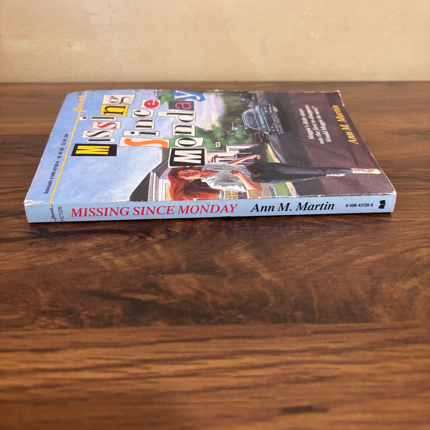 Old Scholastic mystery book Missing Since Monday, a vintage teen suspense paperback with babysitting drama, a missing younger sibling, police clues, and classic 1980s Point fiction nostalgia.