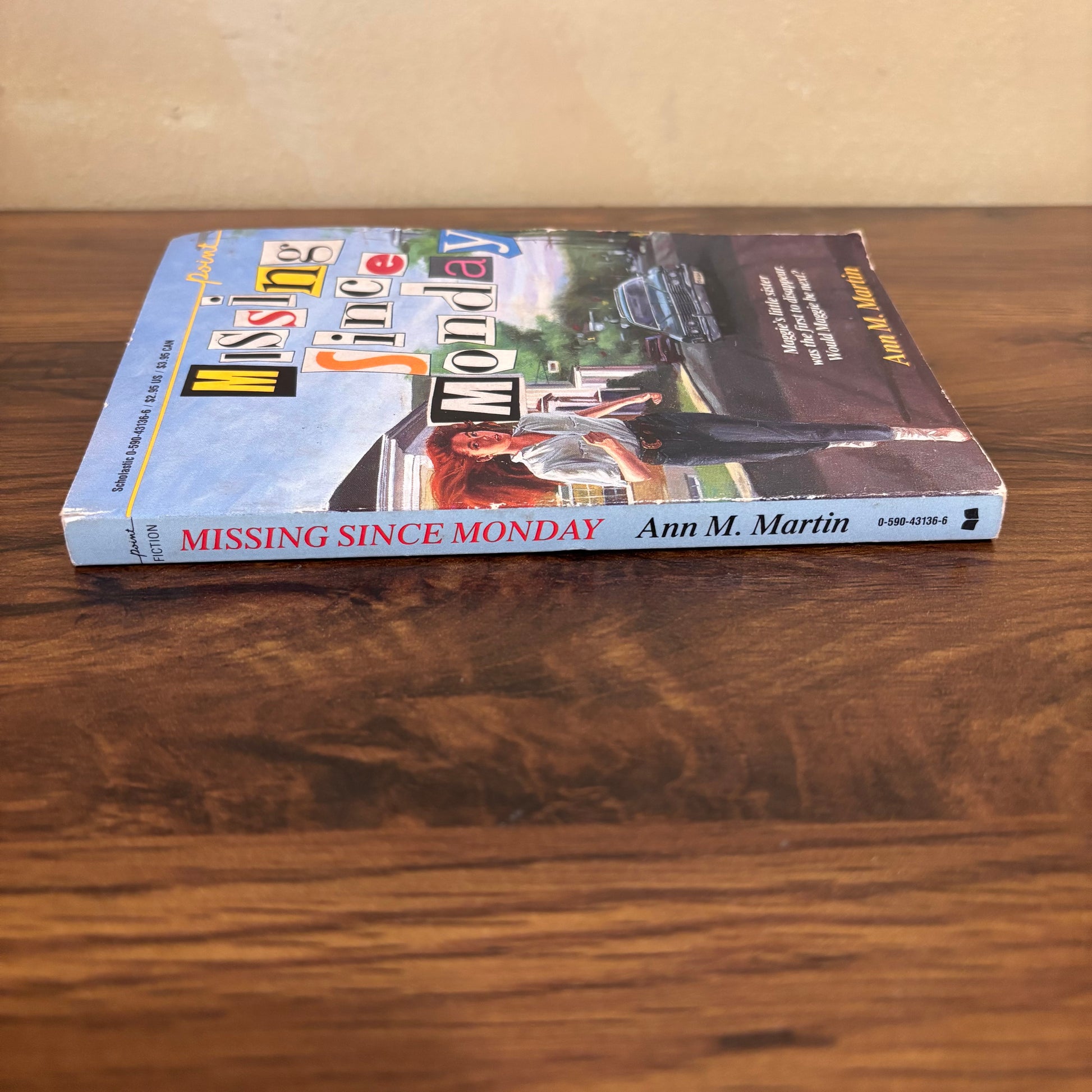 Old Scholastic mystery book Missing Since Monday, a vintage teen suspense paperback with babysitting drama, a missing younger sibling, police clues, and classic 1980s Point fiction nostalgia.