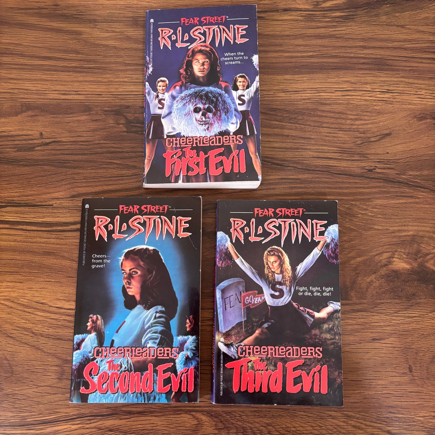 RL Stine Fear Street Cheerleader Trilogy vintage 1990s teen horror paperback book set featuring First Evil, Second Evil and Third Evil