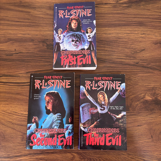 RL Stine Fear Street Cheerleader Trilogy vintage 1990s teen horror paperback book set featuring First Evil, Second Evil and Third Evil