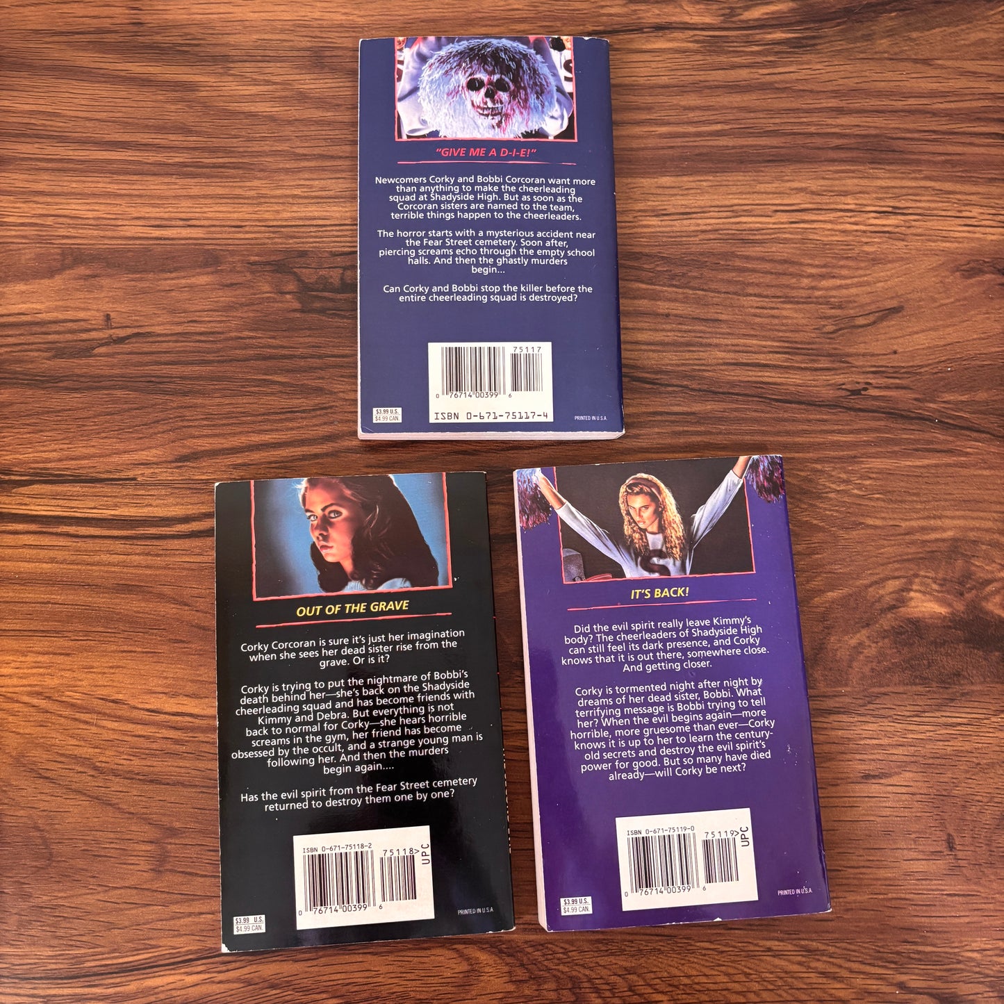 Vintage R.L. Stine Fear Street Cheerleaders trilogy paperback book set featuring The First Evil, The Second Evil, and The Third Evil, nostalgic 90s young adult horror fiction collectibles for retro paperback readers.