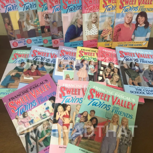 Assorted covers of Sweet Valley Twins & Friends paperbacks by Francine Pascal, vintage 80s and 90s Bantam editions with colorful illustrated artwork.