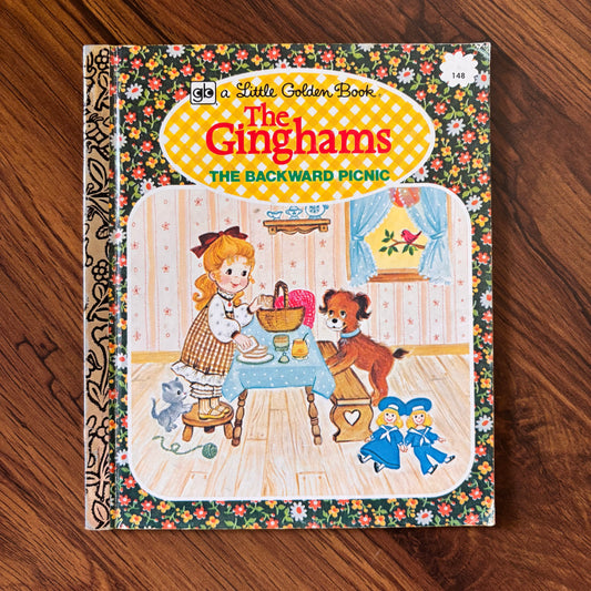 The Ginghams: The Backward Picnic by Joan Chase Bowden - 1976 Little Golden Book with sweet gingham-dressed girls and charming backwards-day adventure