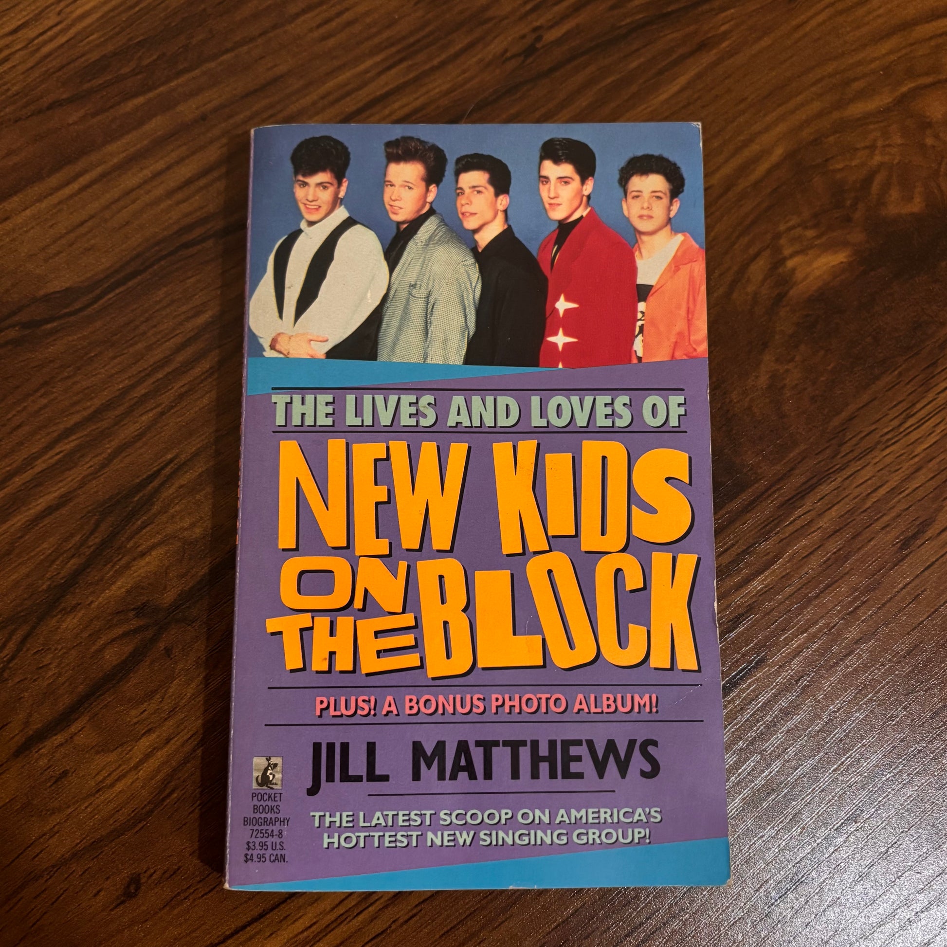Cover of The Lives and Loves of New Kids on the Block by Jill Matthews, a 1990 Pocket Books YA biography paperback focused on the band’s fame and relationships.