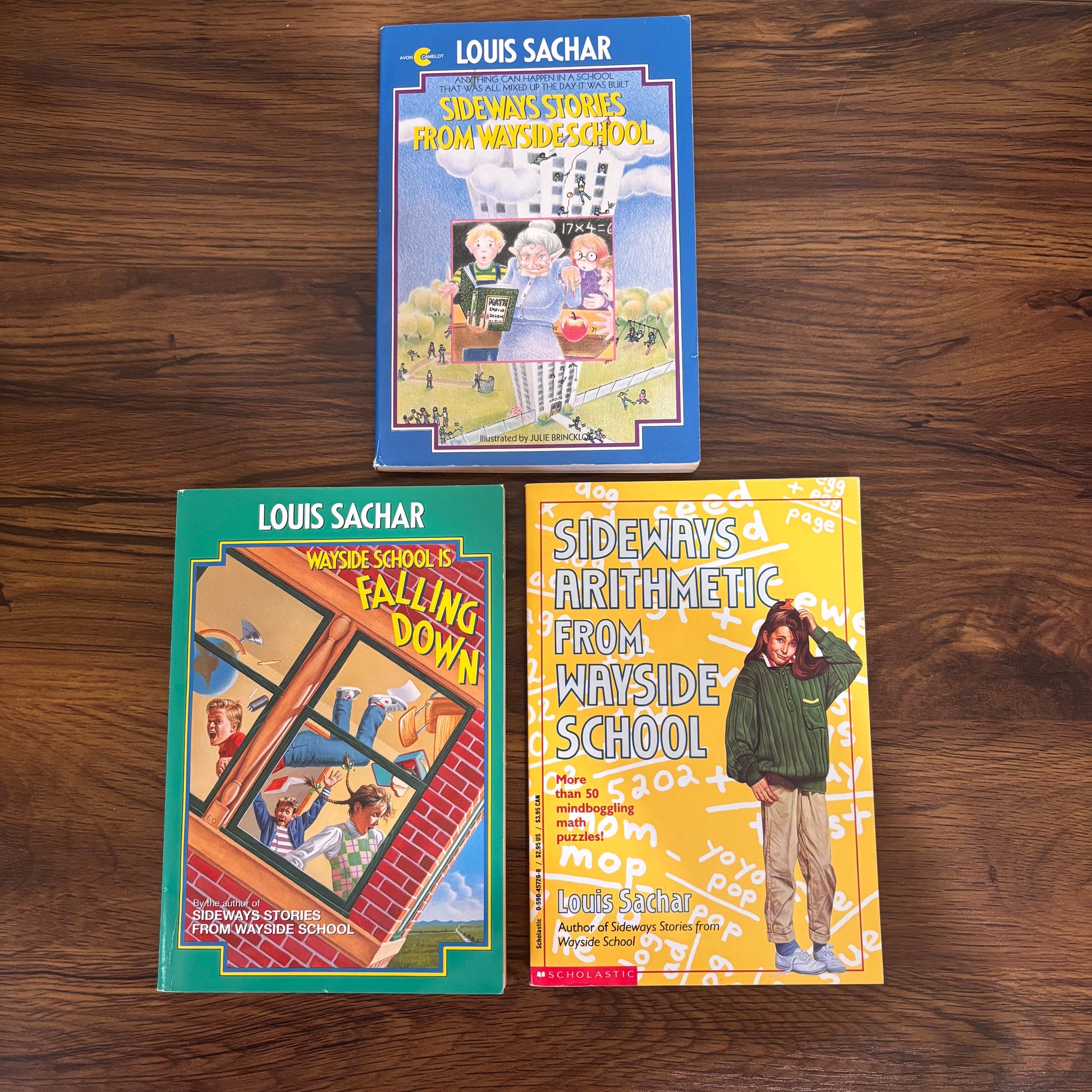 Wayside School book bundle including three classic titles by Louis Sachar - Sideways Stories from Wayside School, Wayside School is Falling Down, and Sideways Arithmetic from Wayside School - Scholastic paperback editions.