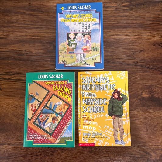 Wayside School book bundle including three classic titles by Louis Sachar - Sideways Stories from Wayside School, Wayside School is Falling Down, and Sideways Arithmetic from Wayside School - Scholastic paperback editions.